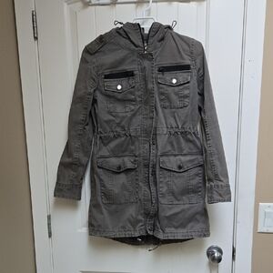 OxyGen Medium Cotton Gray Green Hooded Utility Raincoat Jacket Pockets